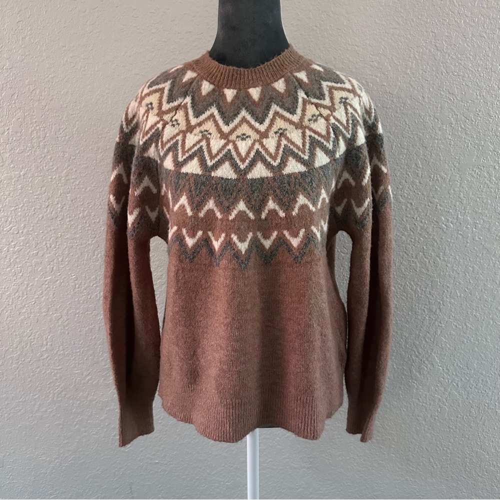 Caslon Fair Isle Knit Sweater Brown Cream Gray Cozy Pullover XS - NWT